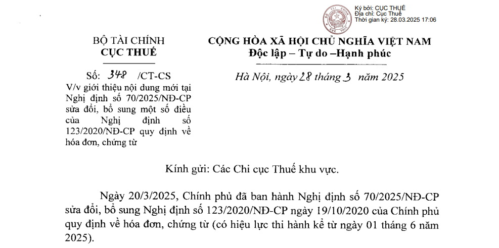 Điểm mới của Nghị định 702025NĐ-CP theo Công văn 348CT-CS